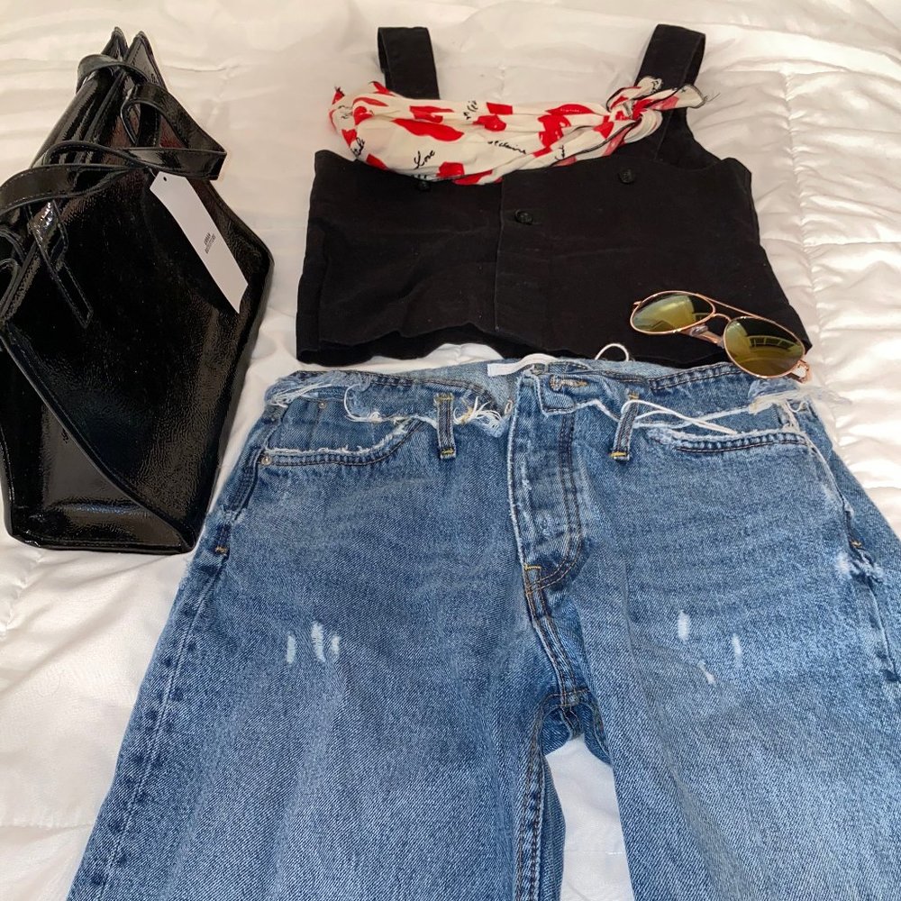 ZARA Blue Mid Rise Denim Boyfriend Jeans, Ripped